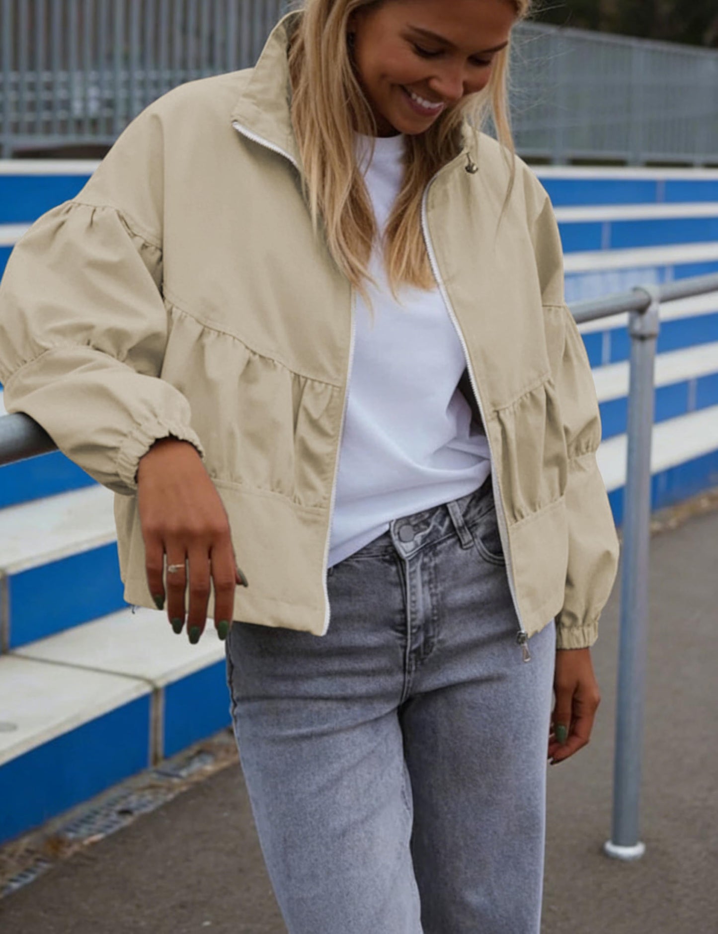 Watashi Women Cropped Bomber Jacket Casual Lightweight Spring Fall Lapel Coat Balloon Long Sleeve Streetwear Outerwear (Khaki-M)
