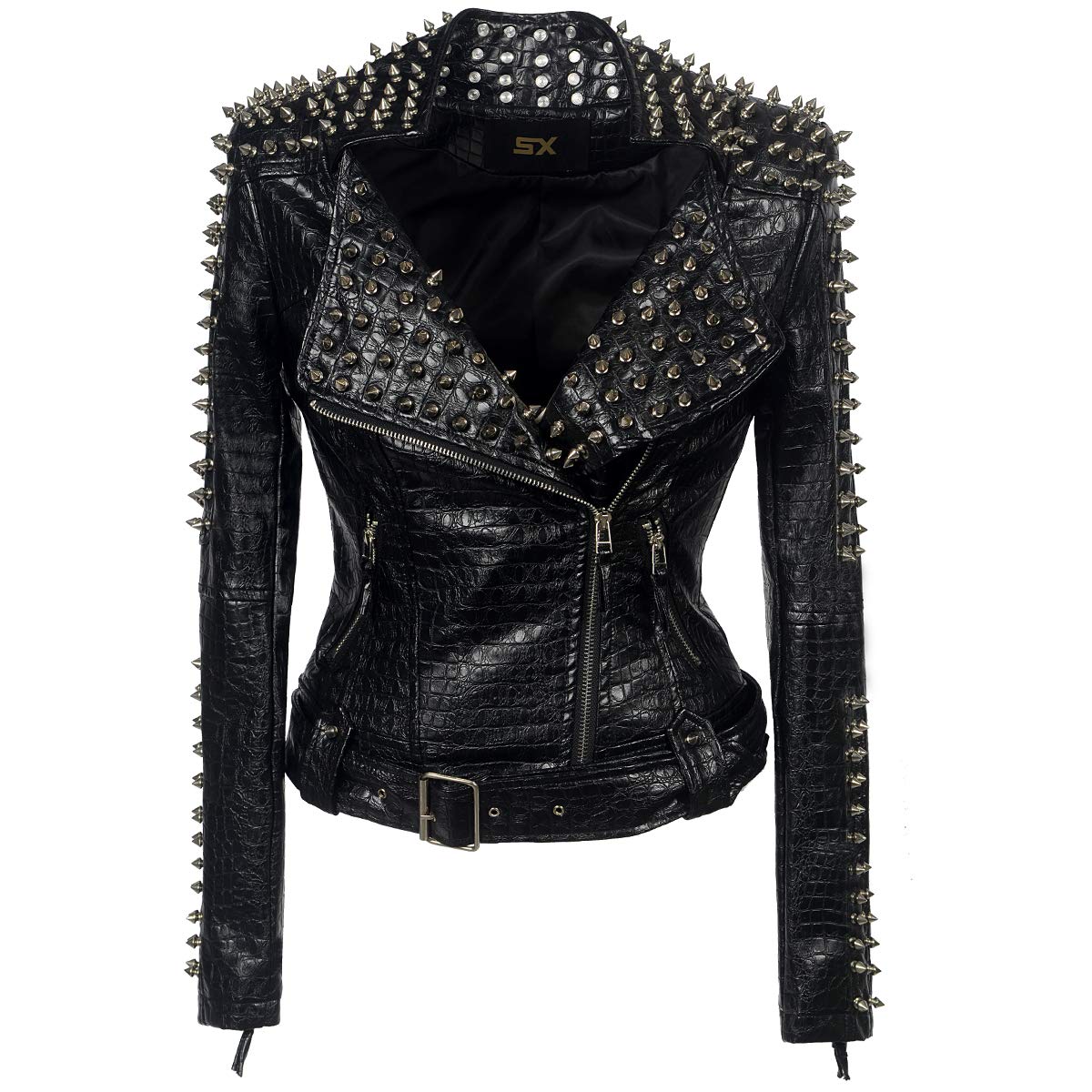 SX Women Punk Faux Leather PU Black Jacket Studded Rivet Fashion Streetwear Motorcycle Coat (L, Black)