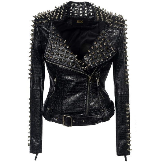 SX Women Punk Faux Leather PU Black Jacket Studded Rivet Fashion Streetwear Motorcycle Coat (L, Black)
