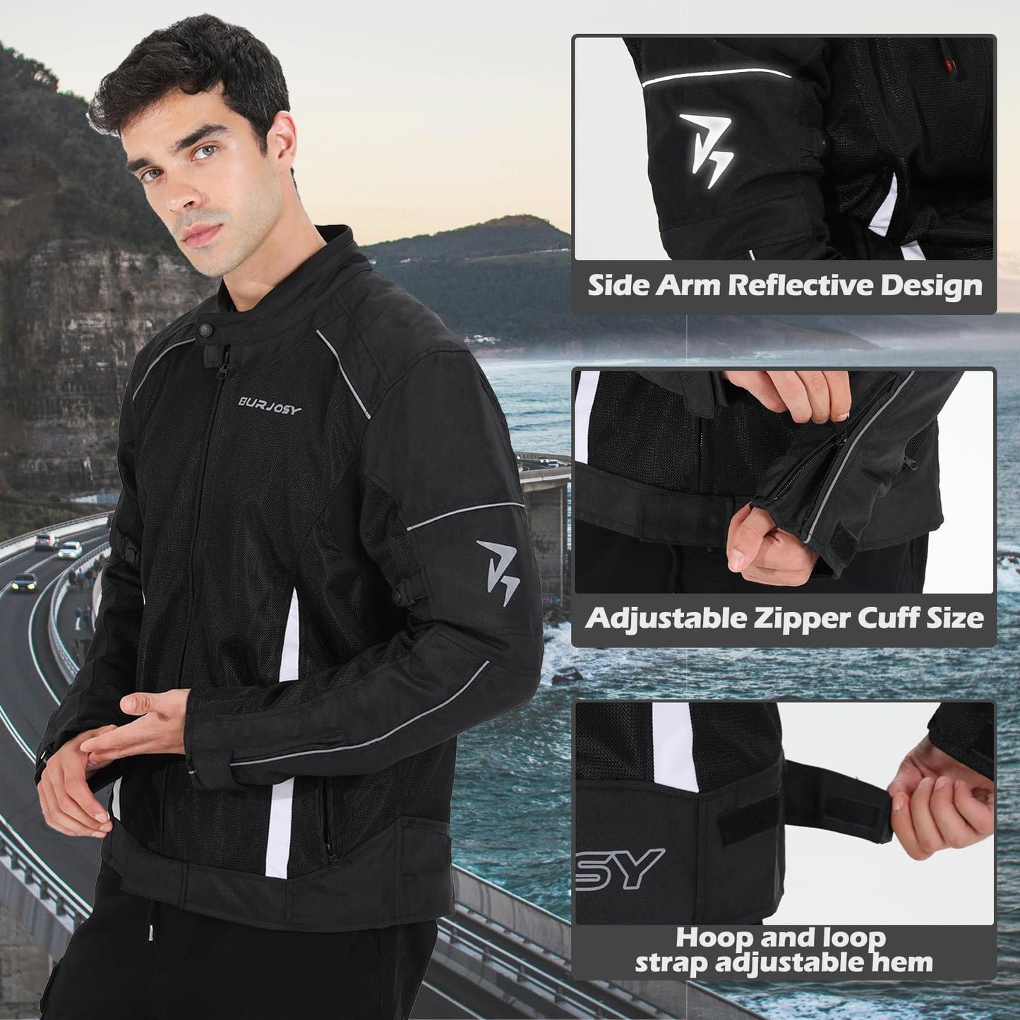 Burjosy Mesh Motorcycle Jacket for Men, Summer Motorbike Biker Jacket, Reflective Lightweight Breathable Riding Jacket Protective Gear Armored
