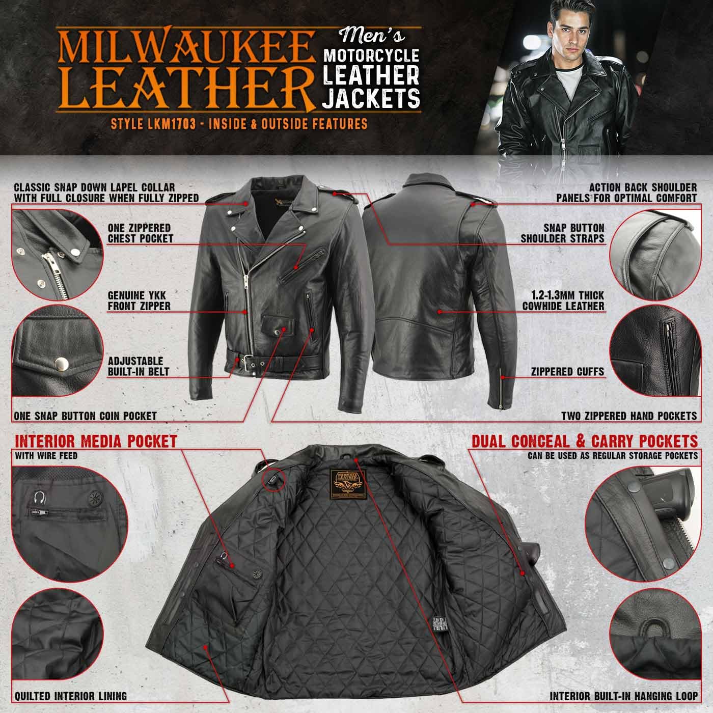 Milwaukee Leather Men's Classic Premium Leather Motorcycle Biker Riders Jackets - X-Small