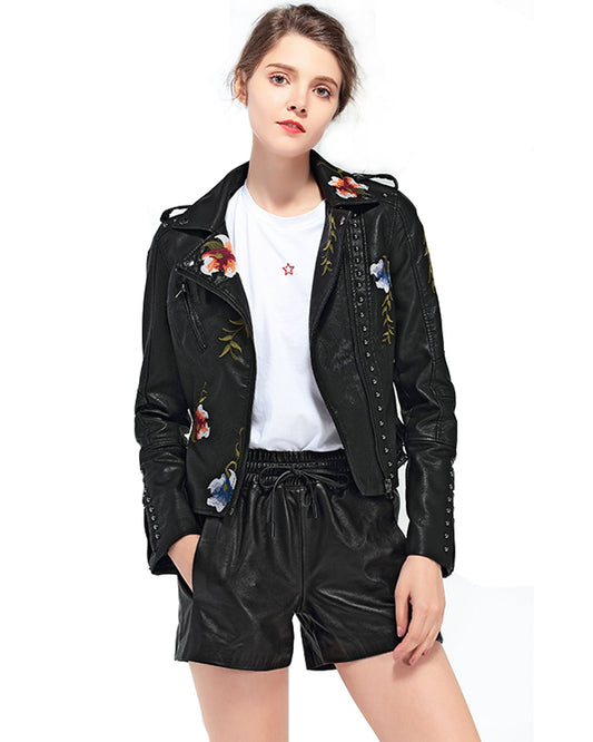 LY VAREY LIN Women's Floral Embroidered Faux Leather Moto PU Jacket Coat (L, Black)