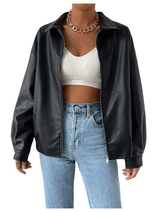 MakeMeChic Women's Faux Leather Shacket Long Sleeve Zip Up Motorcycle Jacket Biker Coat Black S