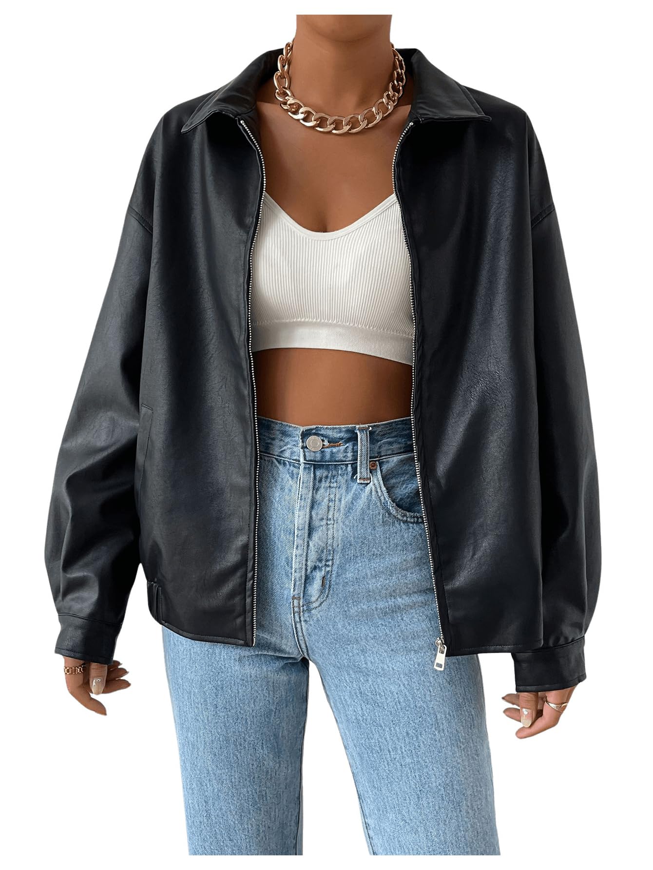 MakeMeChic Women's Faux Leather Shacket Long Sleeve Zip Up Motorcycle Jacket Biker Coat Black M