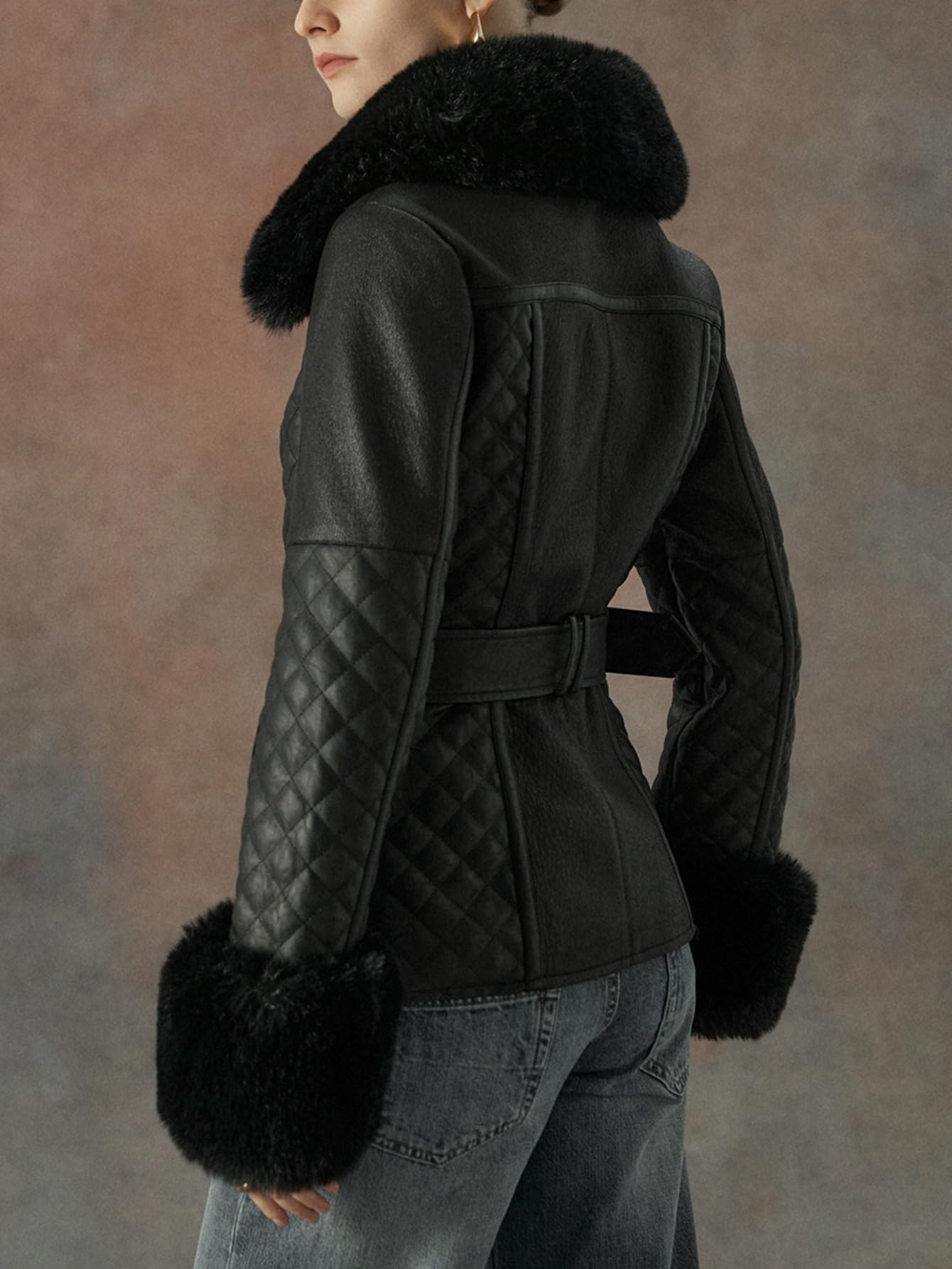 Xukiki Women's Faux Leather Jacket Moto Sherpa Lined Lapel Fall Coat Thick Parka Winter Overcoat with Belt PS-033 Black S