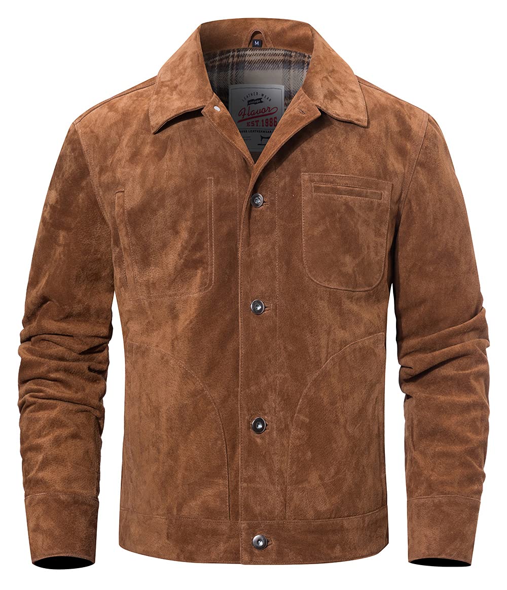 FLAVOR Men's Suede Leather Jacket Trucker Coat (Large, Brown)