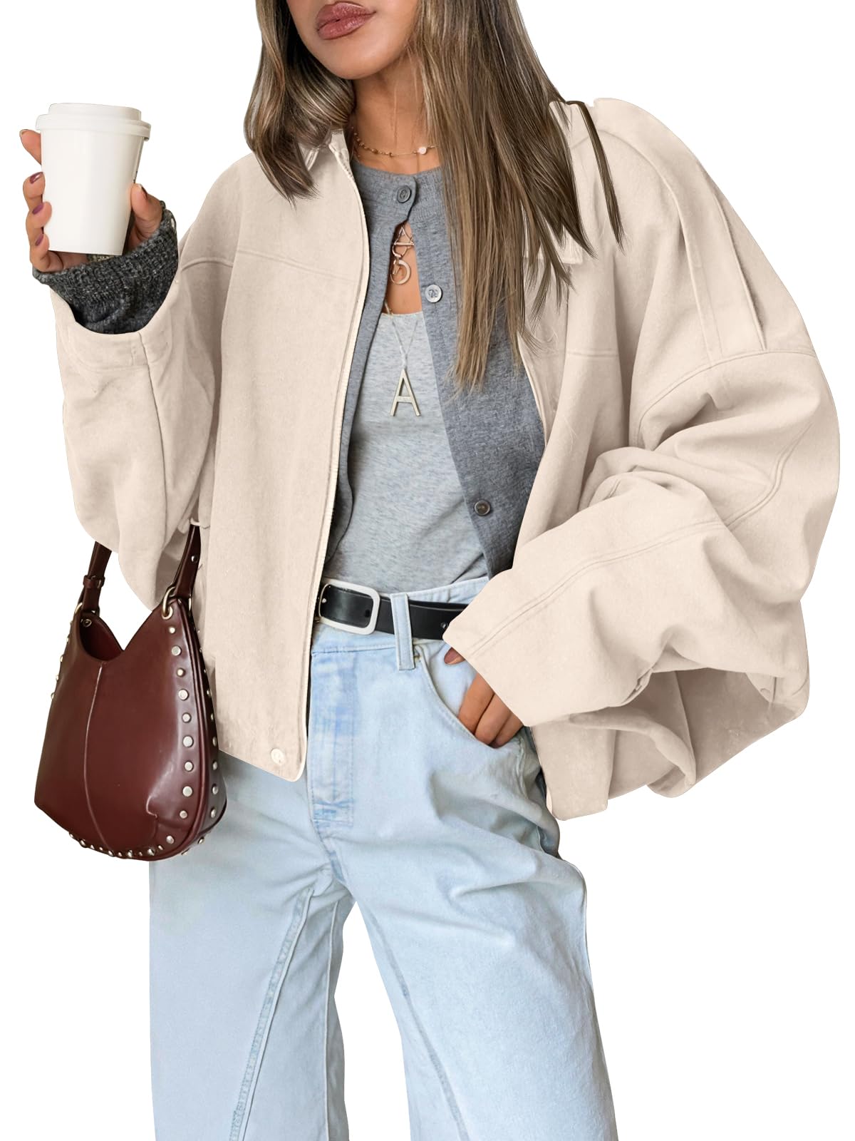 Trendy Queen Womens Oversized Leather Jacket Bomber Coat, Apricot, M