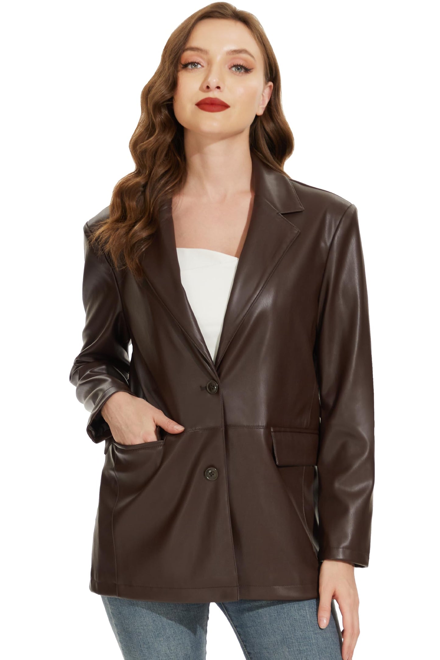 Fahsyee Women's Faux Leather Blazer, Vintage Moto Style Coat, L