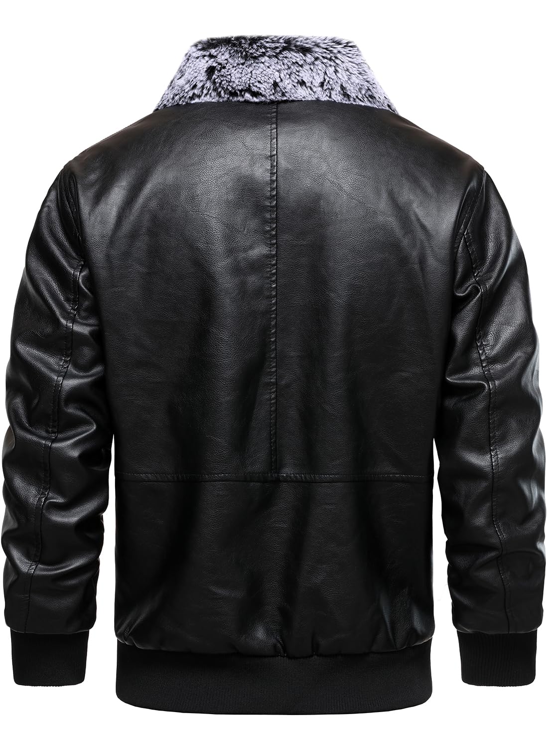 HOOD CREW Mens Faux Leather Flight Bomber Jacket with Fur Collar Winter Warm Fleece Lined Jackets Black L