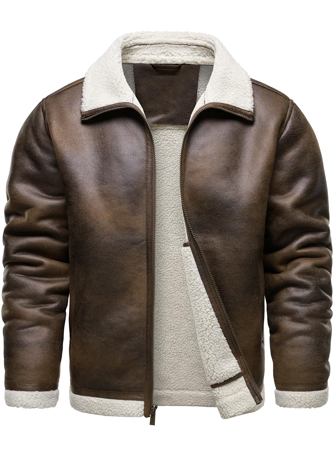 HOOD CREW Men’s Vintage Distressed Jacket Winter Warm Faux Shearling Leather Bomber Jackets Motorcycle Biker Coats Brown M