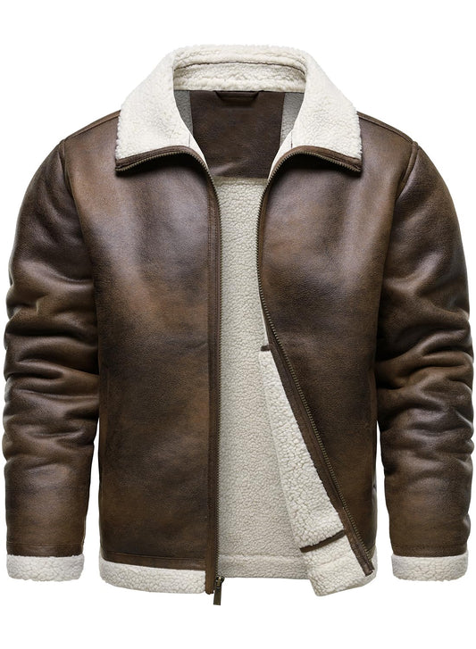 HOOD CREW Men’s Vintage Distressed Jacket Winter Warm Faux Shearling Leather Bomber Jackets Motorcycle Biker Coats Brown M