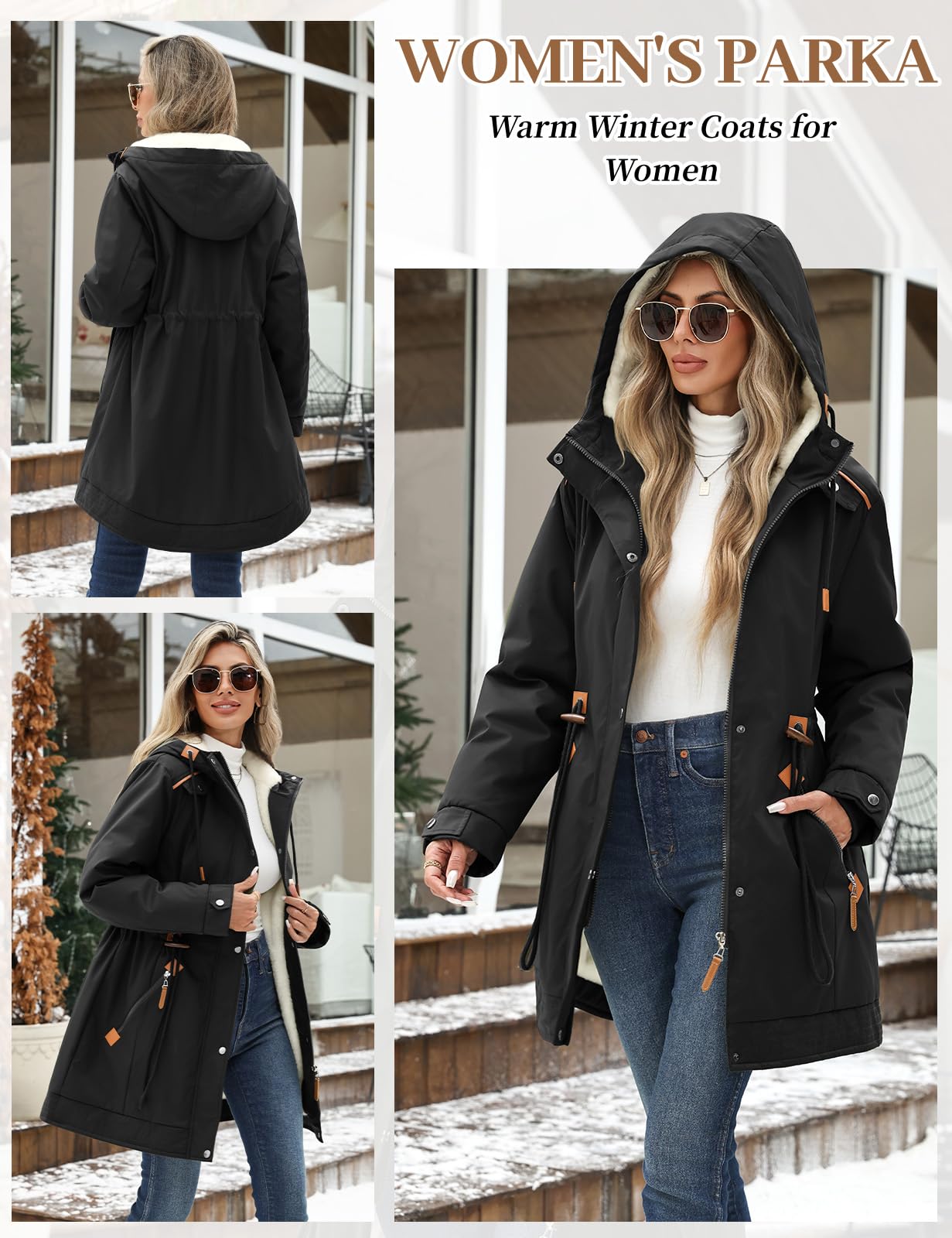 HEEKPEK Women's Winter Coats Thicken Soft Fleece Lined Parka Jacket Hooded Warm Coat Outerwear with Pockets Overcoat Snow (Black,Large)