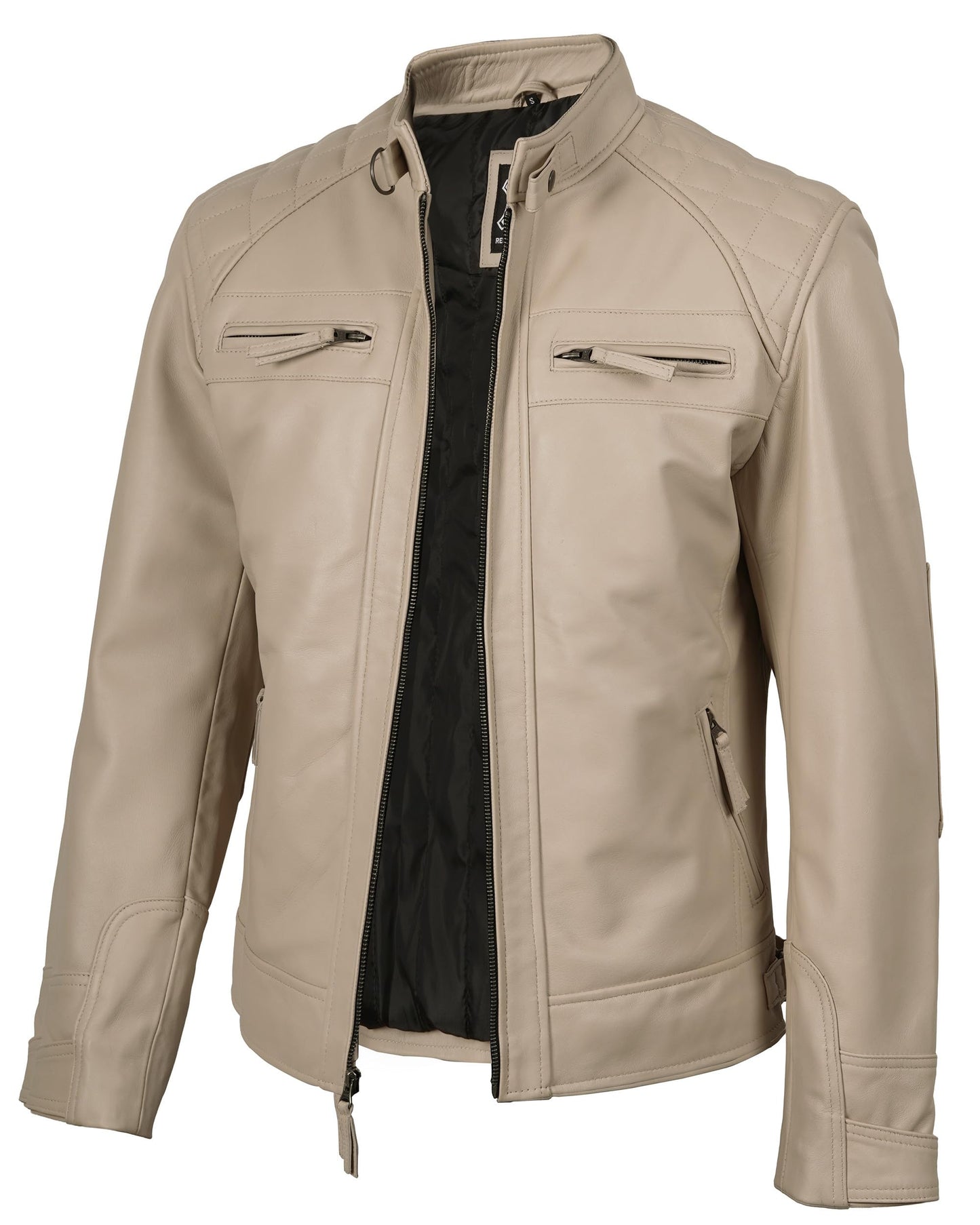 fjackets Real Lambskin Leather Jackets For Mens — Moto Quilted Cafe Racer Zip Up Moto Leather Jacket Men | [1124214] Johnson Beige, L