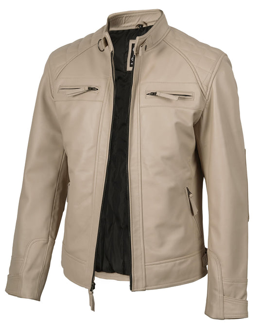 fjackets Real Lambskin Leather Jackets For Mens — Moto Quilted Cafe Racer Zip Up Moto Leather Jacket Men | [1124214] Johnson Beige, L