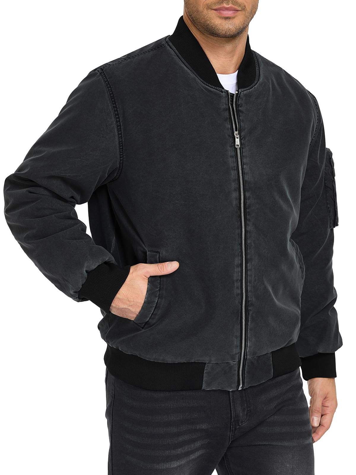 Oymyakon Mens Vintage Bomber Jacket Washed Fall Winter Warm Military Jackets Casual Padded Coats Windbreakers Black M