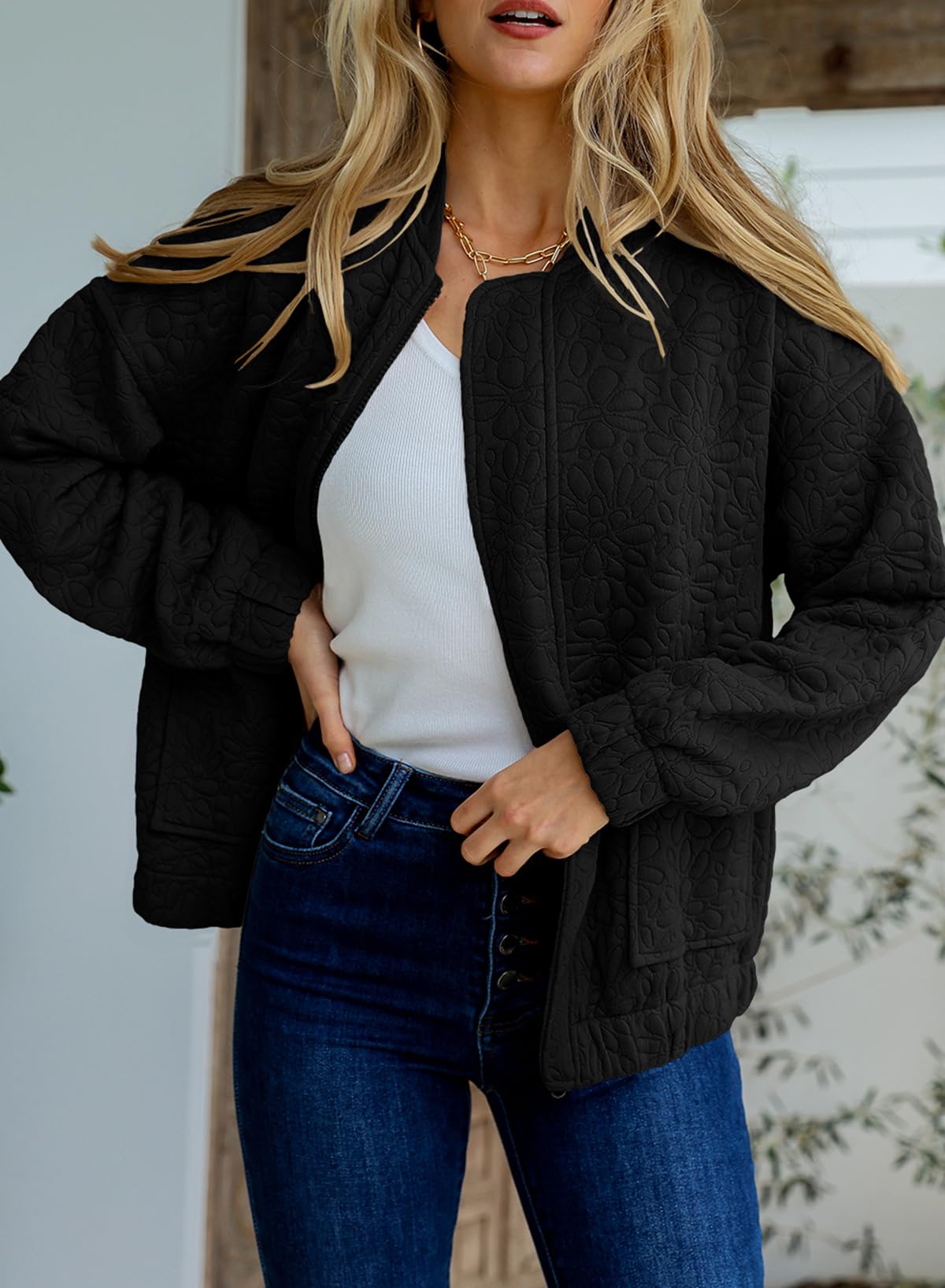 EVALESS Spring Bomber Jacket for Women Dressy Casual Summer Clothes Trendy 2025 Teacher Outfits Cute Jacquard Jackets Long Sleeve Zip Up Cropped Black Jeacket Lightweight Coat with Pockets, Medium