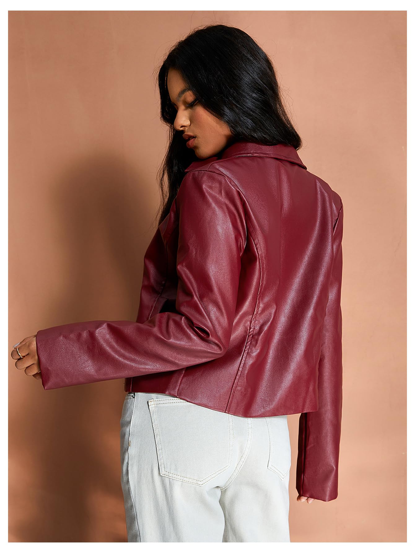 MakeMeChic Women's Crop Faux Leather Jacket Vintage Long Sleeve Collar Zip Up Biker Motorcycle Jackets Coats Burgundy Small