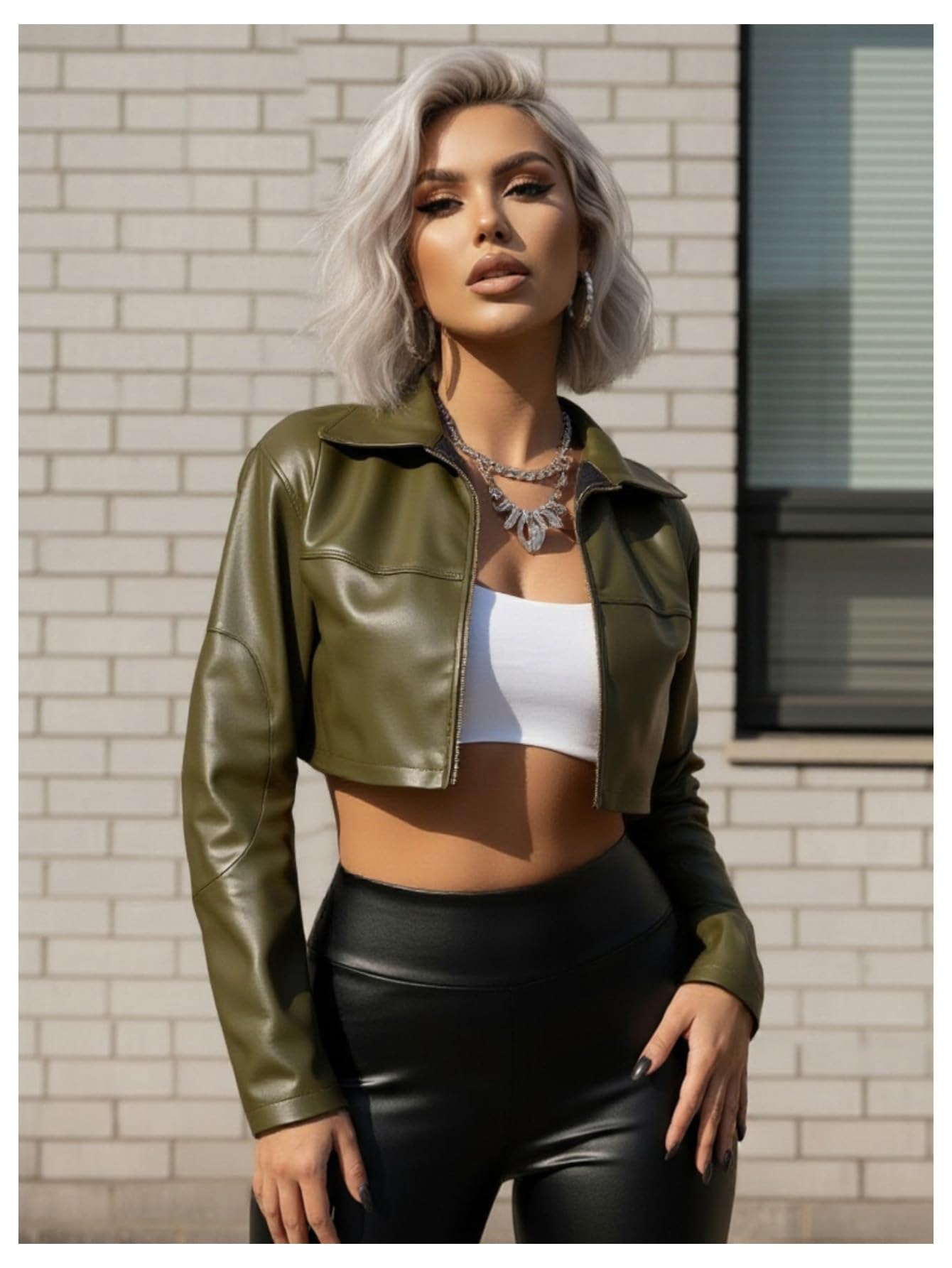 winkbay Women's Pu Leather Cropped Motorcycle Jacket Y2k Zip Up Collared Jackets Streetwear Army Green X-Small