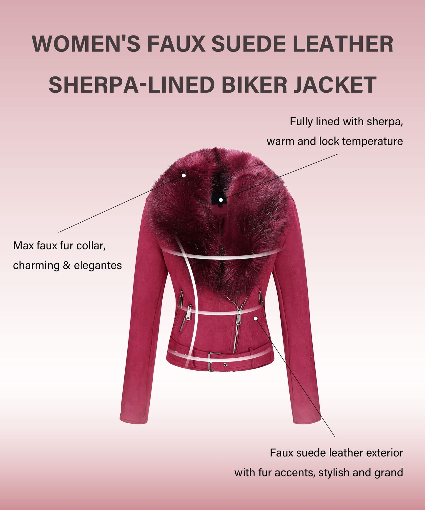 Bellivera Women Faux Suede Jacket Moto Biker Sherpa-Lined Coat Red S
