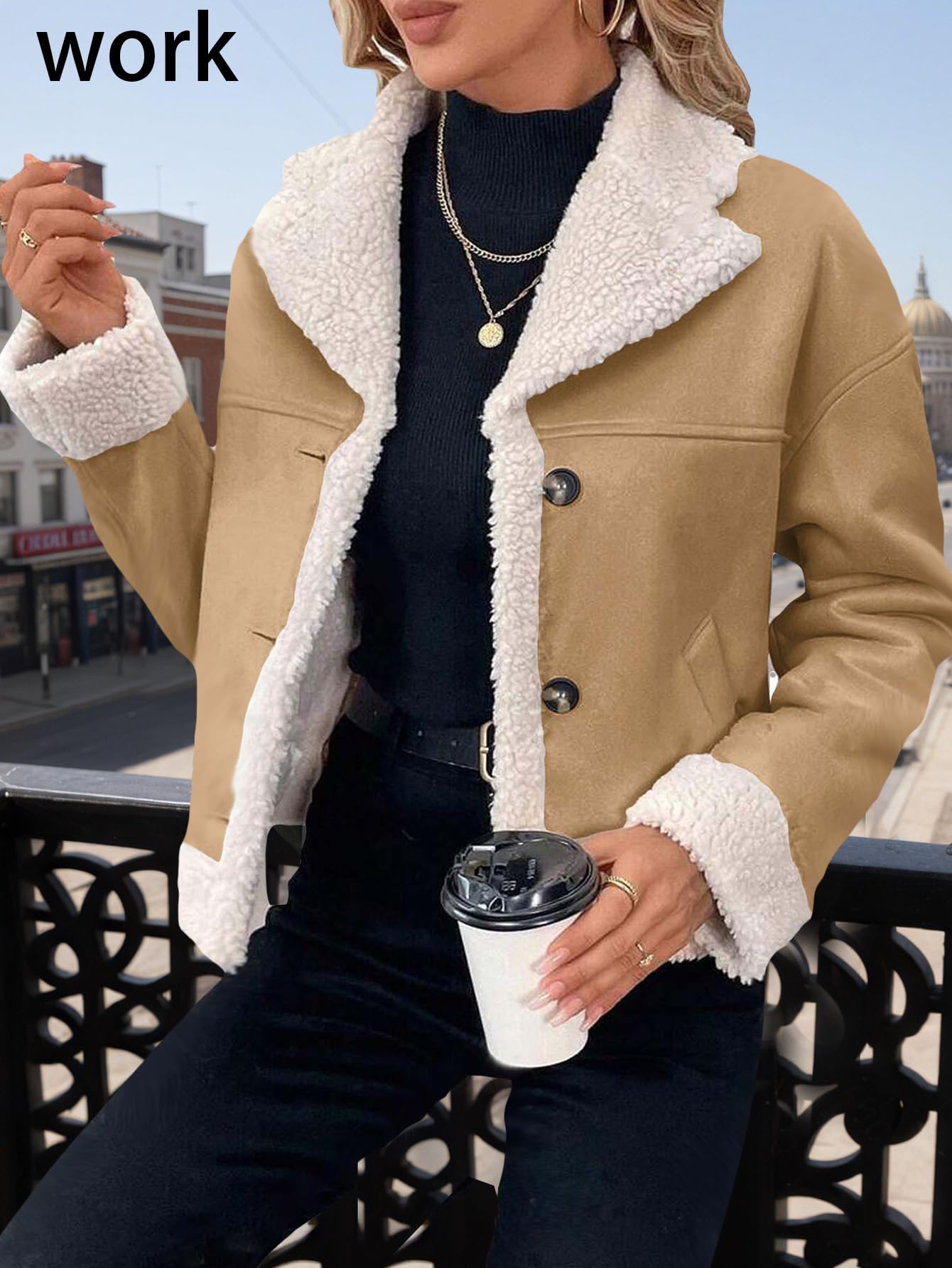 Mina Self Faux Suede Jackets Coats for Women 2025 Winter Brown Cropped Sherpa Fur Leather Jacket Winter Warm Clearance Fleece Fuzzy Shearling Outerwear Short Fashion Trendy Patchwork Casual Coat