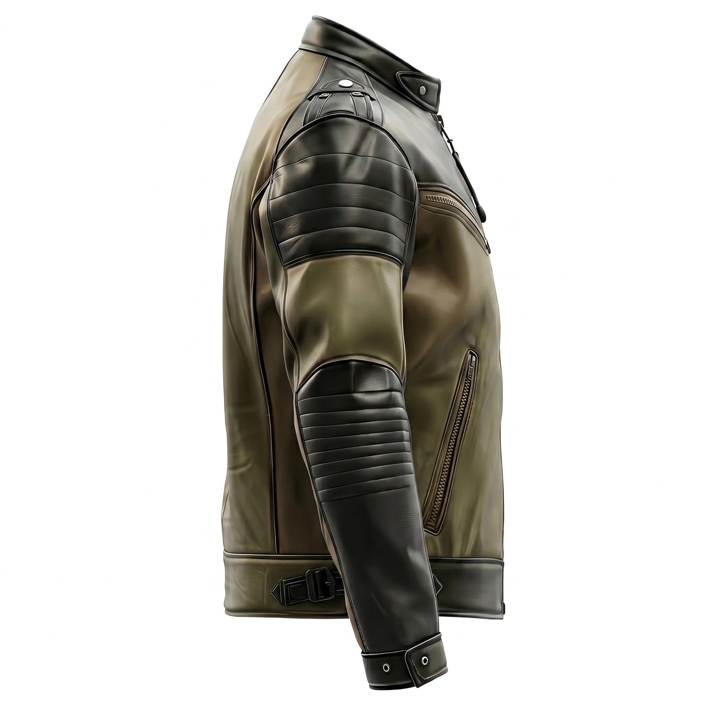 Leather Enchantment Co Men’s Olive Green & Black Sheepskin Biker Jacket – Stand Collar, Multi-Zipper Pockets, Sleek Moto Racing Style (US, Alpha, 3X-Large, Regular, Regular, Olive Green & Black)