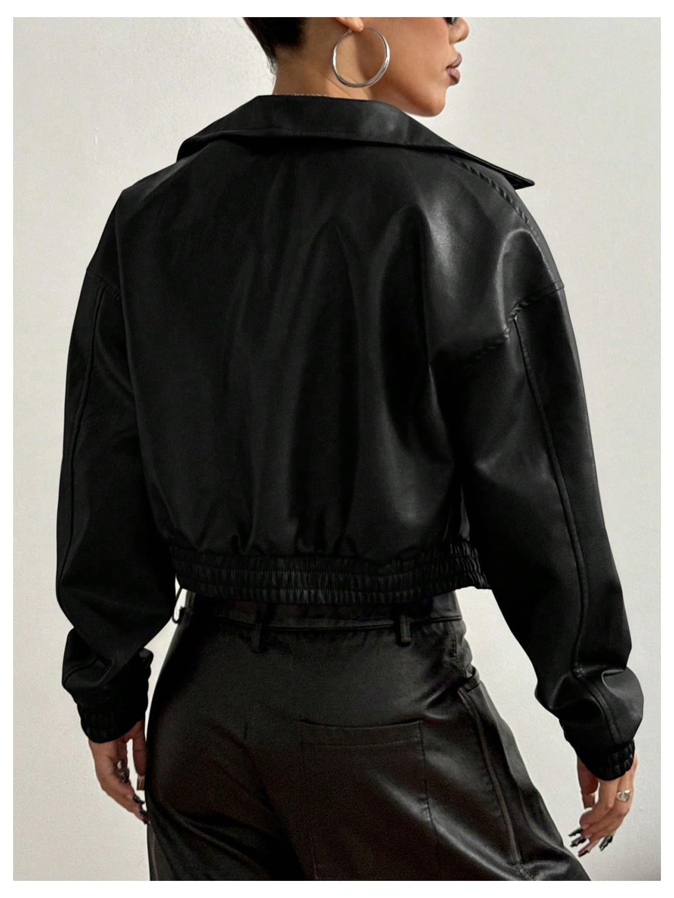 BEAUDRM Women's Y2K Faux PU Leather Jacket Crop Zip Up Motorcycle Coat Long Sleeve Drop Shoulder Motor Bike Jacket Streetwear Black Solid Large