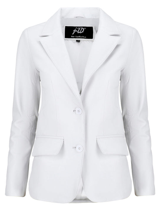Jild Classic 2-Button Lambskin Leather Blazer Women - Casual Coat Long Sleeves Suit Style Leather Jacket Women (LC-Wht-3XL)