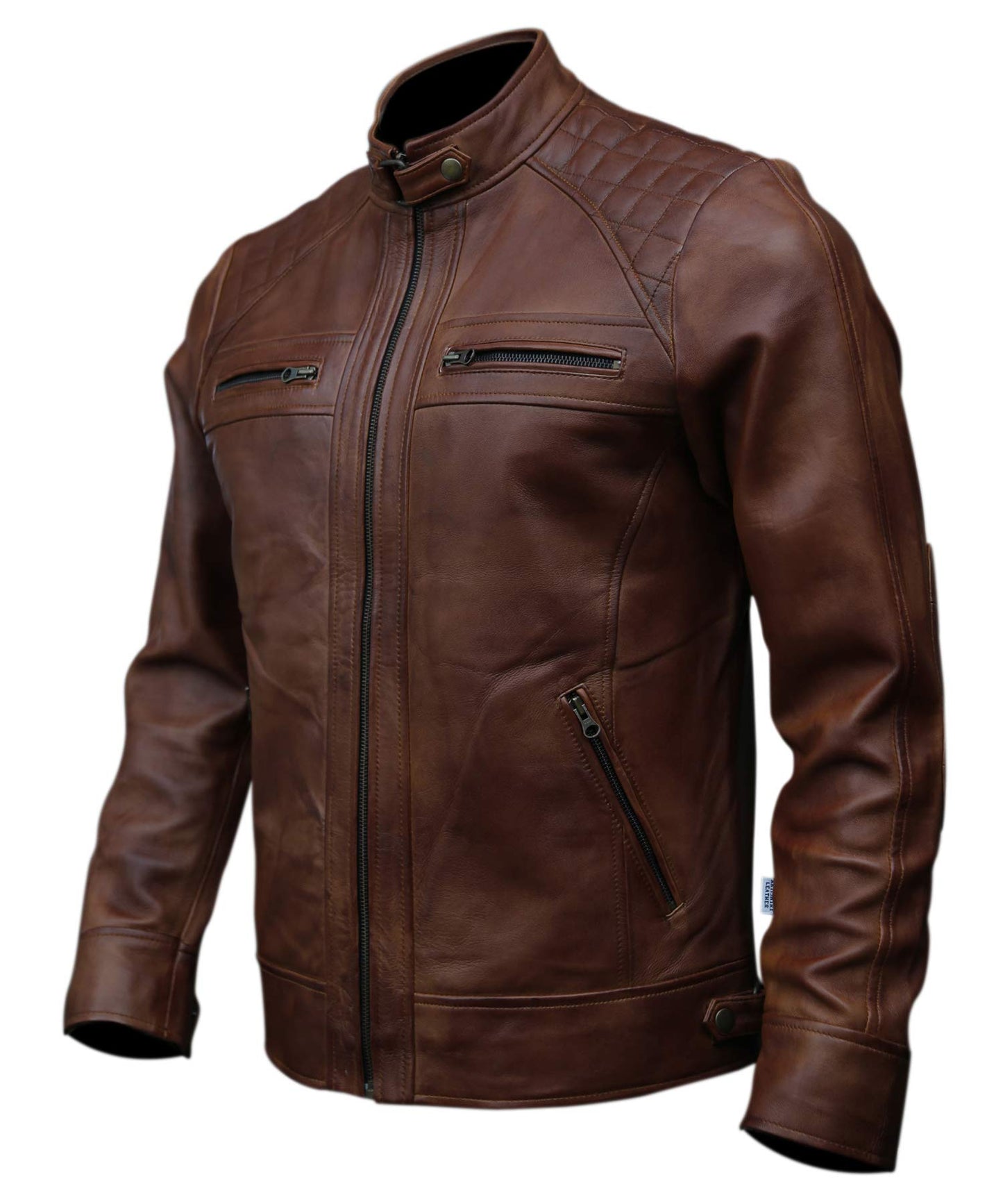 Mens Genuine Leather Biker Jacket Black | Vintage Brown Distressed Lambskin Motorcycle Jackets for Men (Wax Brown, Large)