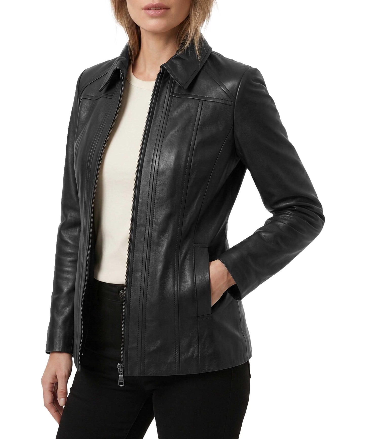 TRENDS GENESIS Premium Genuine Lambskin Long Leather Jacket Black Leather Coats for Women, Classic Car Coat Look XL