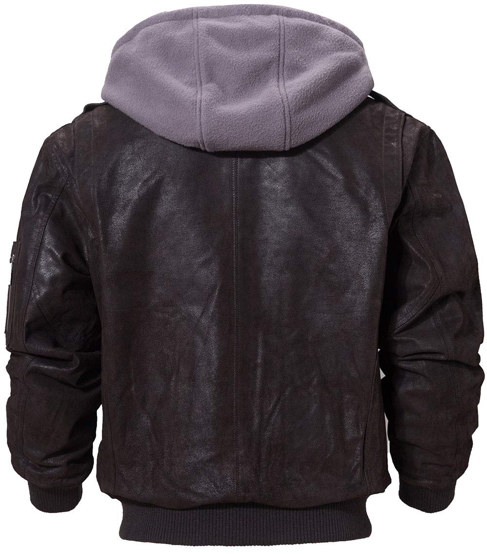 FLAVOR Men's Leather Flight Bomber Jacket Air Force Aviator (X-Large, Dark Brown Hood)