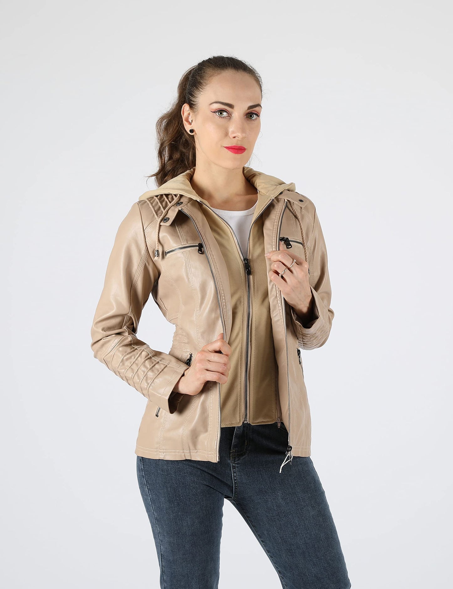 Tanming Womens Faux Leather Jacket Hooded Moto Biker Coat Outerwear Fall Fashion Outfits Winter Clothes