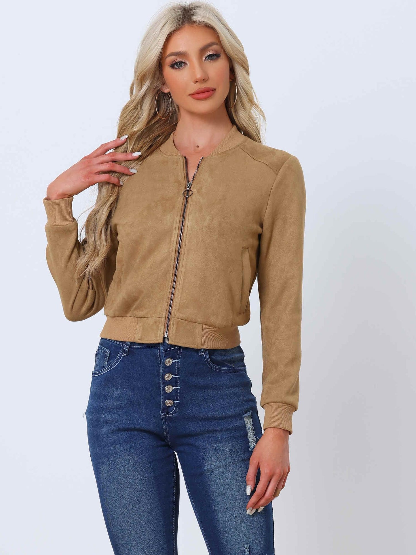 Allegra K Faux Suede Jacket for Women's Stand Collar Zip Up Bomber Jackets