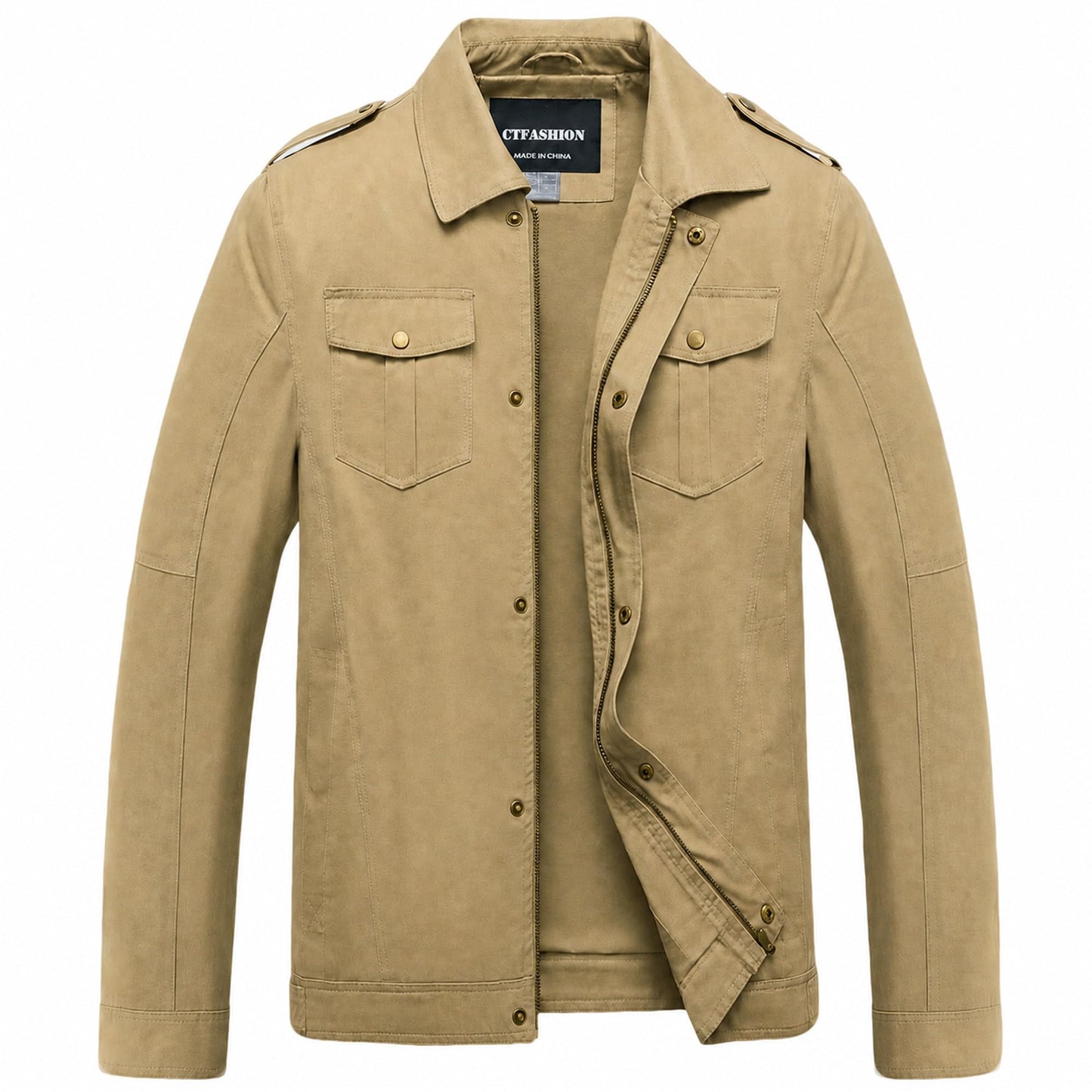CTFASHION Men's Canvas Military Jacket Full Zip Cotton Field Coat Multi Pocket Outdoor Travel Daily Work Wear Spring Fall Winter Khaki M
