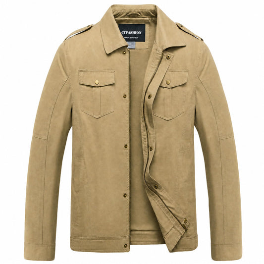 CTFASHION Men's Canvas Military Jacket Full Zip Cotton Field Coat Multi Pocket Outdoor Travel Daily Work Wear Spring Fall Winter Khaki M
