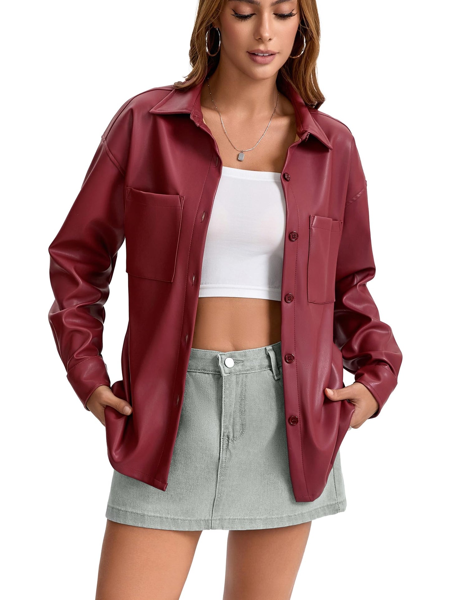 Haianguoji Women's Faux Leather Button-Down Shirt Jacket Lightweight Long Sleeve PU Blouse Shacket Tops (Red, M)