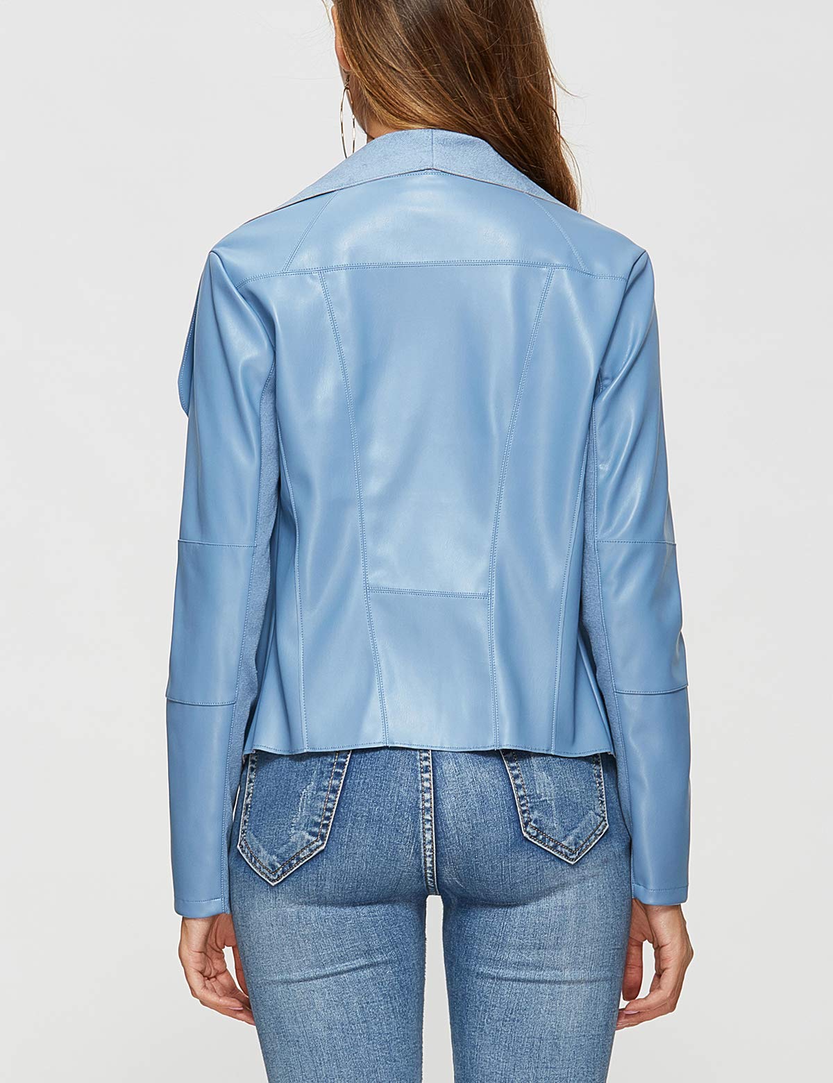 Escalier Women's Faux Slim Leather Blazer Open Front Lapel Jacket Light Blue L