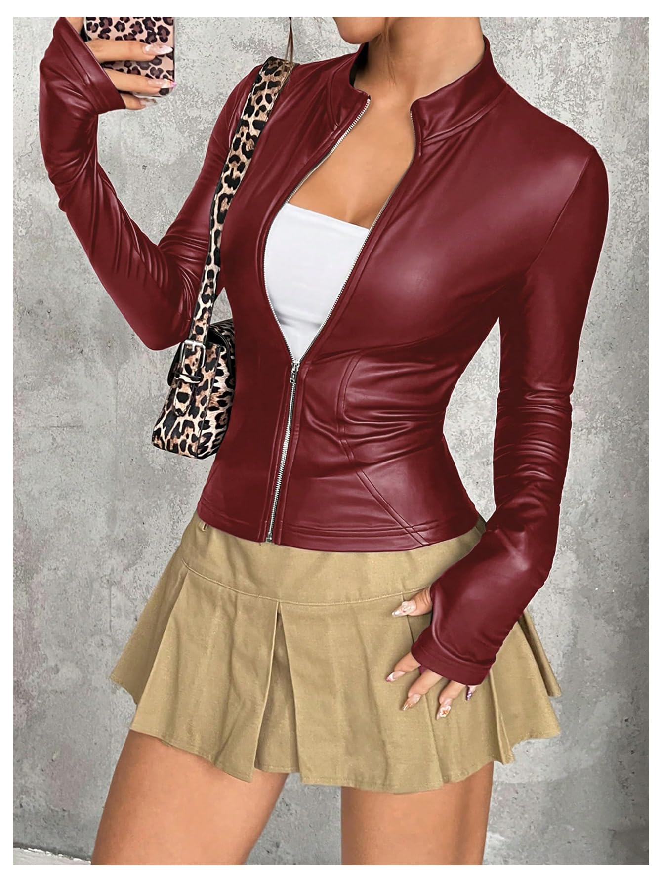 MakeMeChic Women's Faux Leather Jacket Thin Fleece Mock Neck Zip Up Long Sleeve Coat Outerwear Red Small