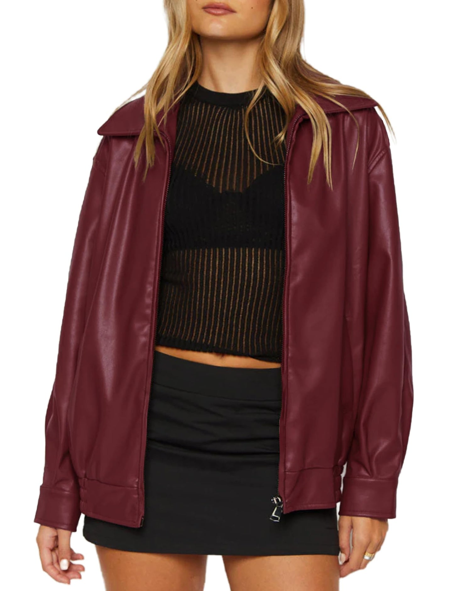 ZEXIGLAD Red Leather Jacket Women Oversized Faux Suede Motorcycle Bomber Winter Coats Zip Up Fall Leather Jackets 2025 with Pocket Wine Red S