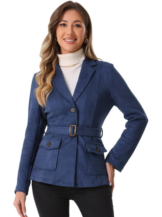 Allegra K Women's Faux Suede Blazer Belted Lapel Outwear Single Breasted Work Jacket Large Dark Blue