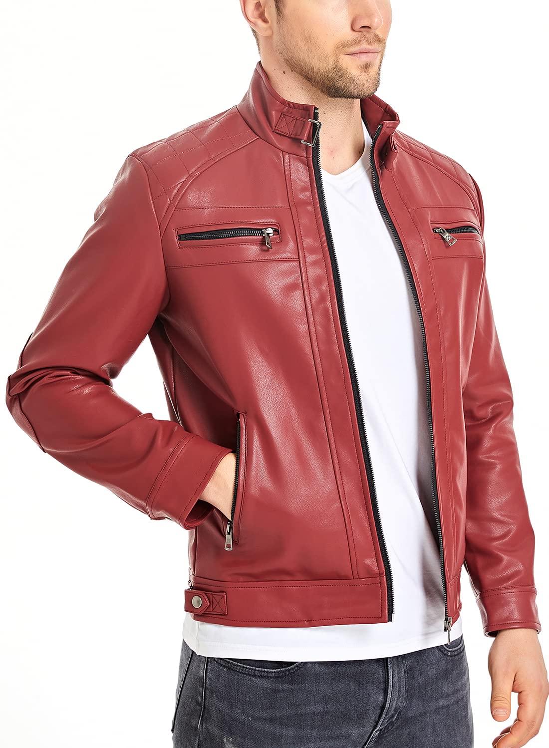 HOOD CREW Men’s Stand Collar Leather Jacket Casual Faux Leather Motorcycle Jacket Outerwear Coat with Zipper Pockets Red 4XL