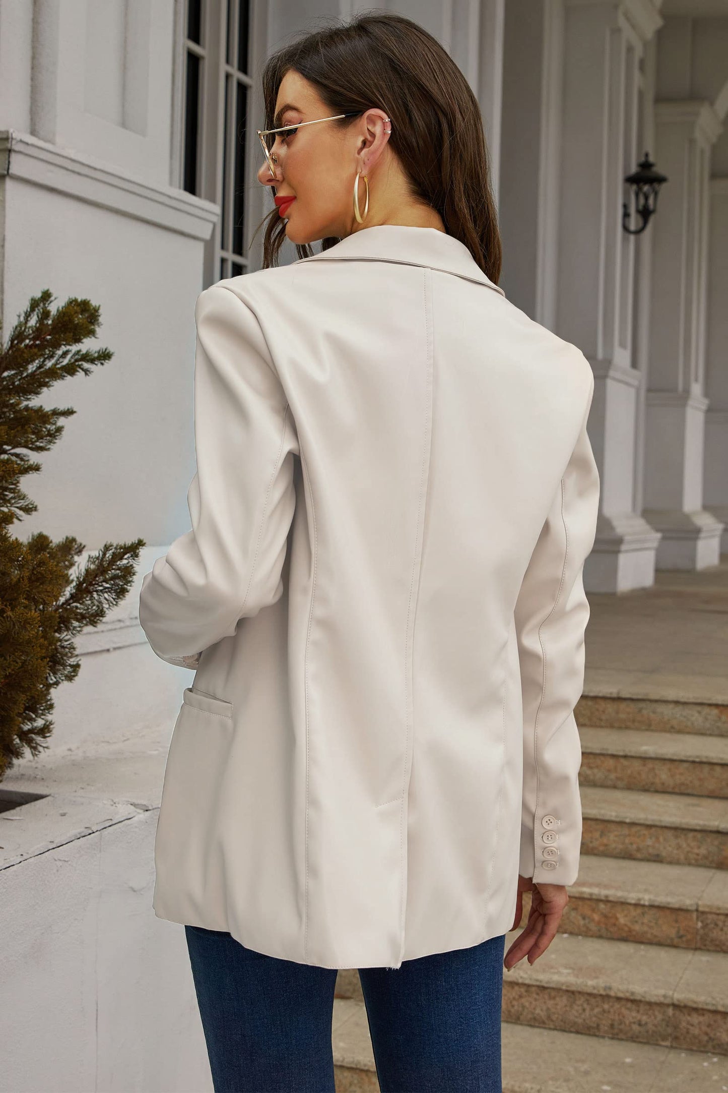 RISISSIDA Women Faux Leather Blazer Jacket,Soft PLeather PU Coat,White,M