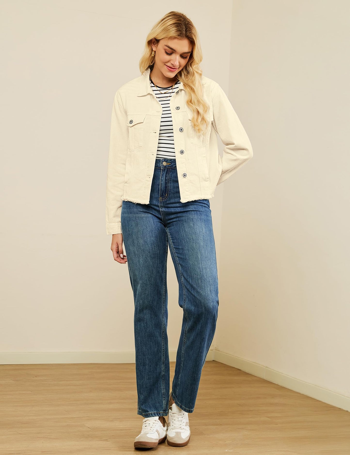 luvamia Denim Jacket for Women Distressed Jean Jackets Button Up Vintage Western Trucker Jacket Frayed Hem Pockets Vanilla Medium