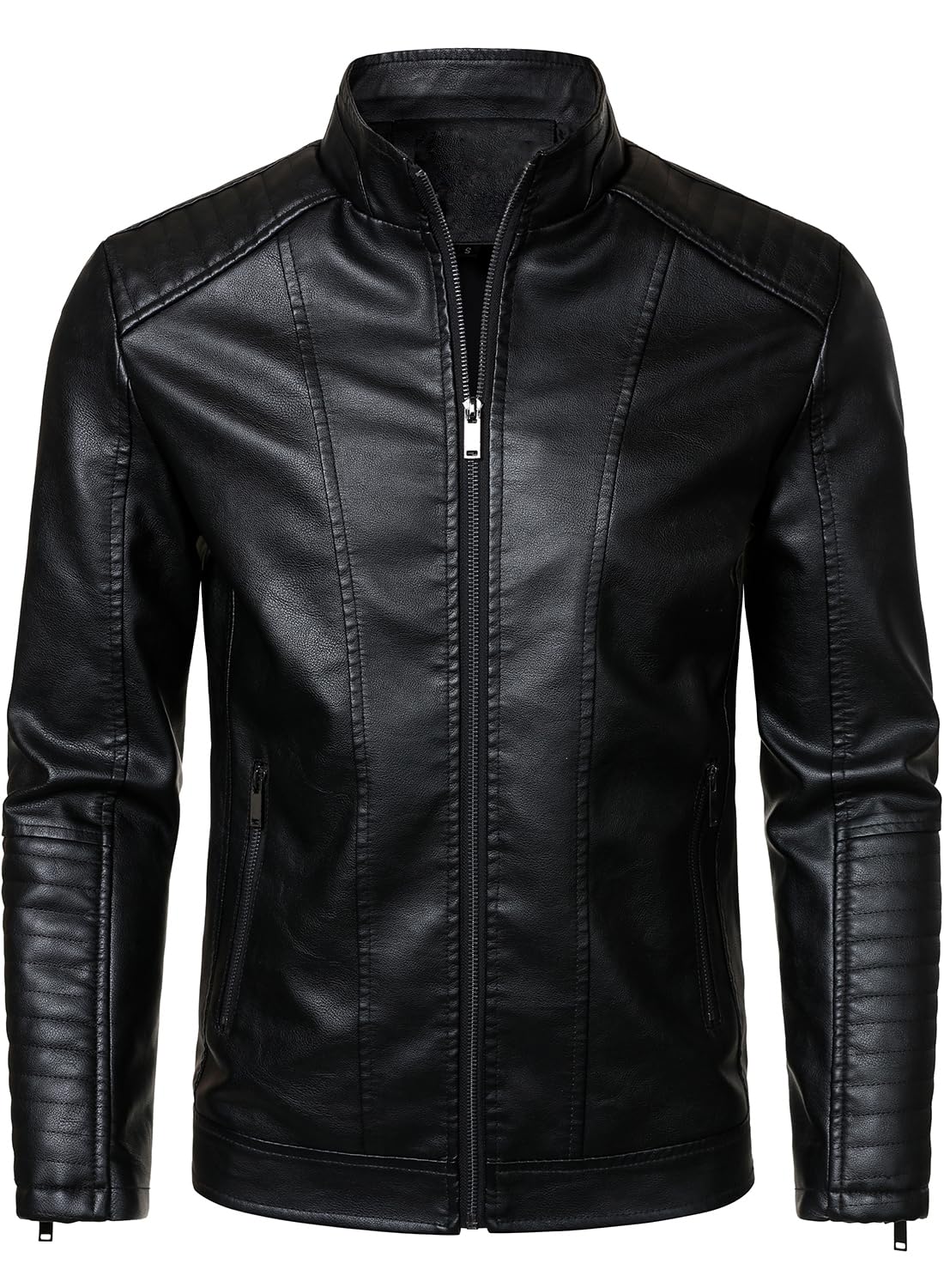 HOOD CREW Men’s Stand Collar Leather Jacket Motorcycle Jackets Faux Leather Biker Coats Lightweight Outwear Black XL