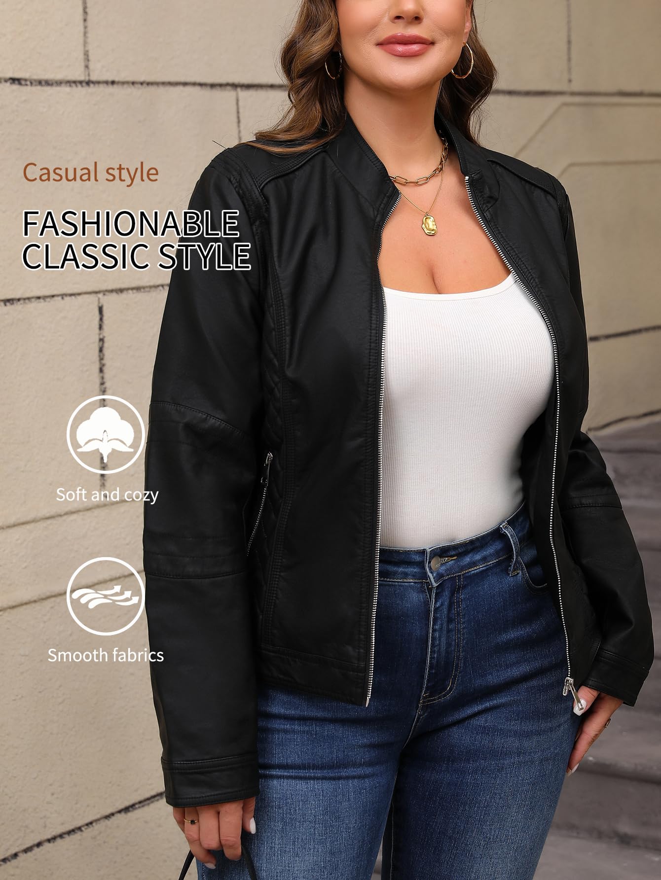 Bellivera Faux Leather Jacket Women Motorcycle Zipper Stand Collar Bomber PU Bike Coat with Pockets PU36 Black XXL