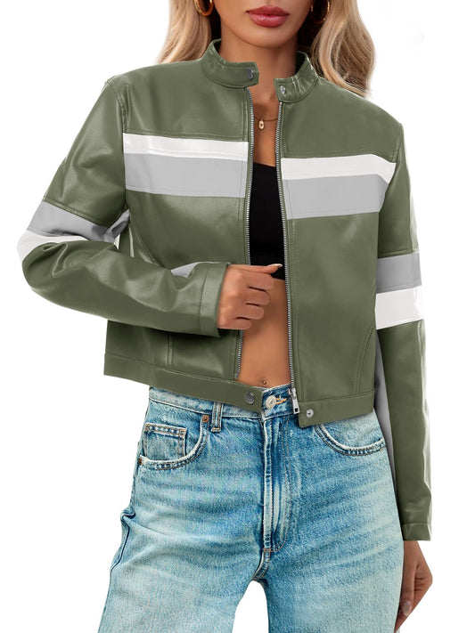 Tankaneo Womens Cropped Moto Biker Jackets Faux Leather Bomber Jacket Color Block Vintage Racing Coats