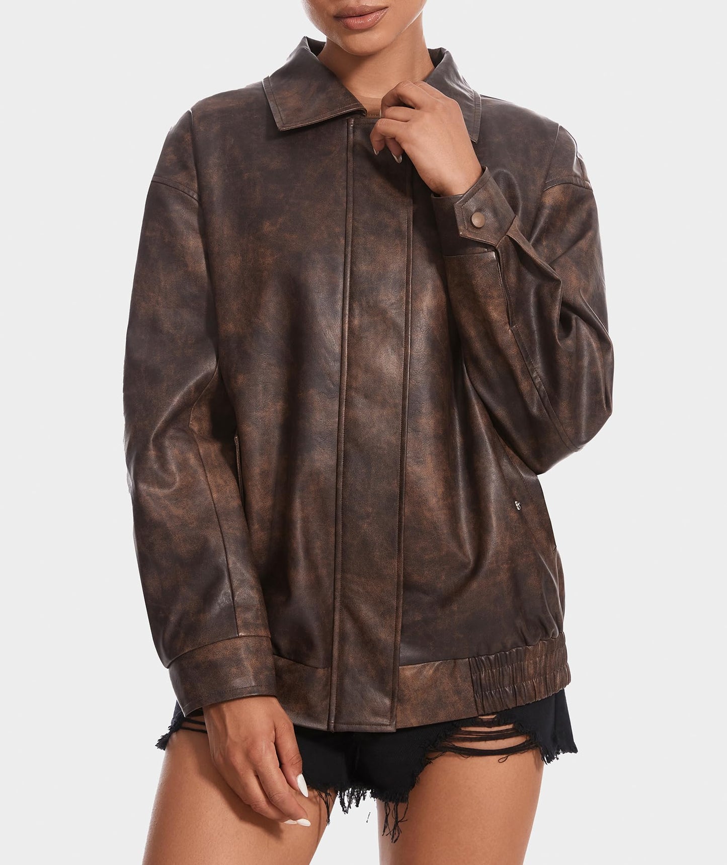 Casly Lamiit Women's Leather Jacket Faux Motorcycle Oversized Zip Up Coat Bomber Jackets Fall Casual Fashion Outfits Outerwear Brown L