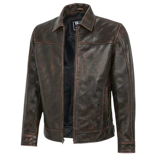 Mens Leather Jacket - Real Lambskin Classic Vintage Style Leather Jackets For Men Brown Leather Jacket for Mens (US, Alpha, X-Large, Regular, Regular, Noir Distressed Brown)