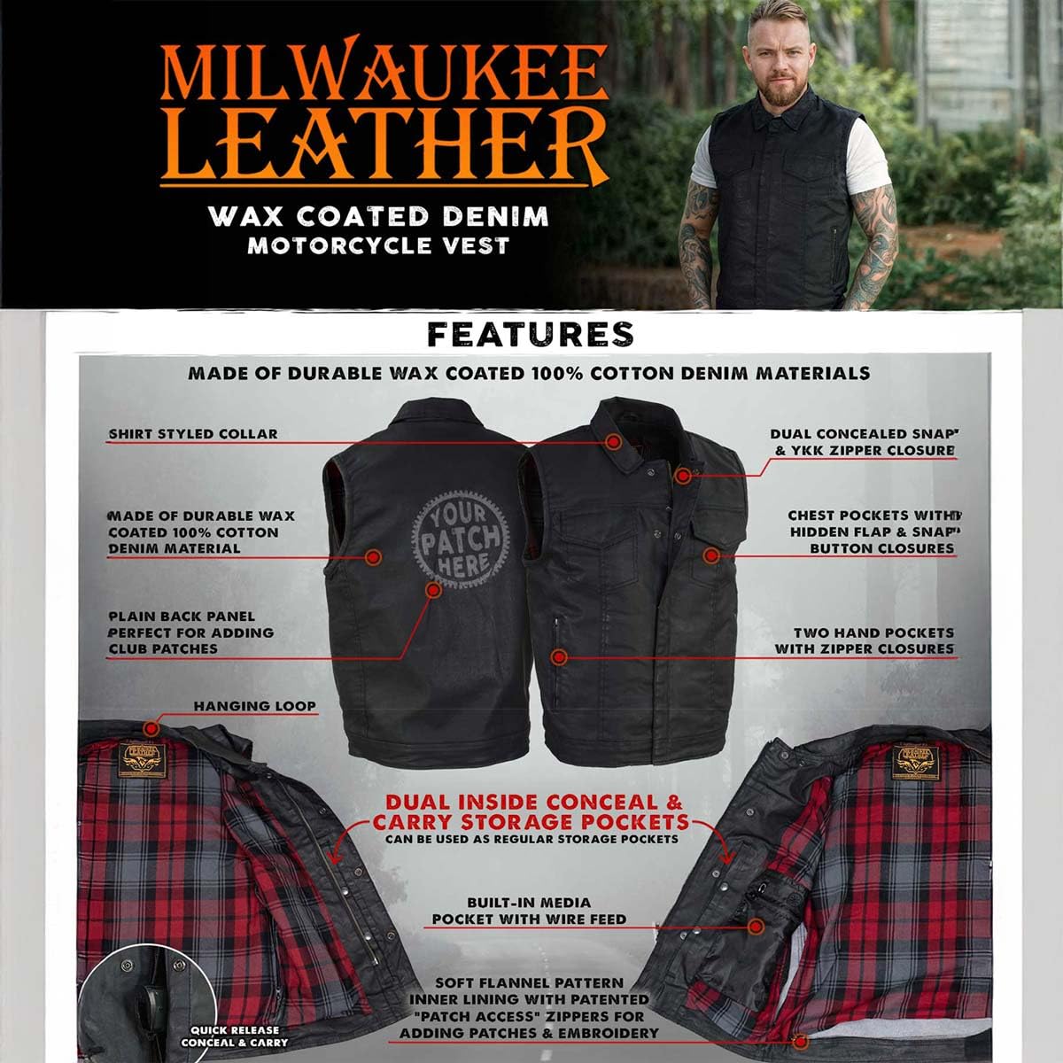 Milwaukee Leather MDM3030 Men’s Black Waxy Coated Denim Club Style Motorcycle Rider Vest w/Shirt Collar - 7X-Large