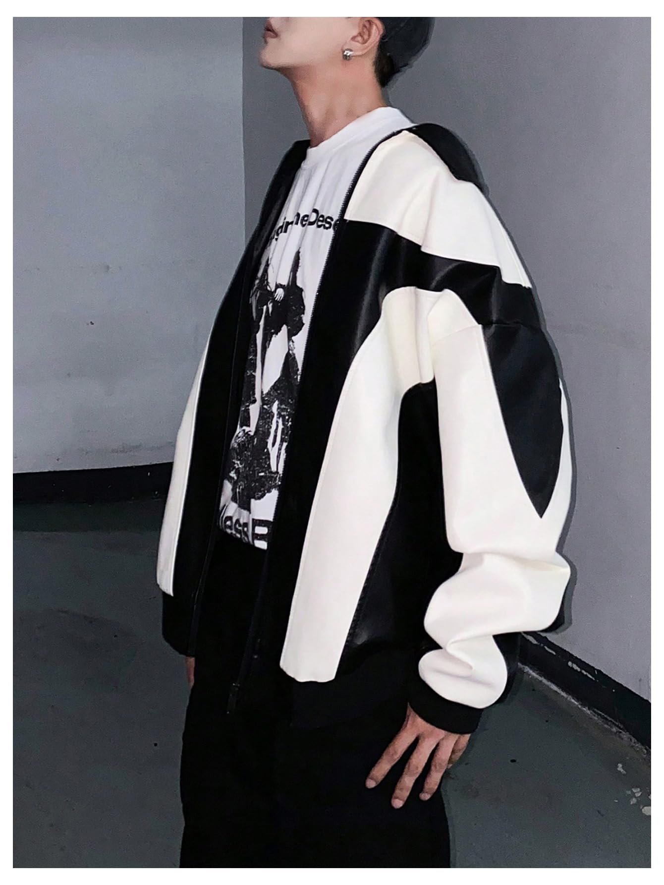 BEAUDRM Men's Y2k PU Leather Jacket Color Block Motorcycle Coat Zip Up Long Sleeve Outerwear with Pockets Streetwear Black and White Medium