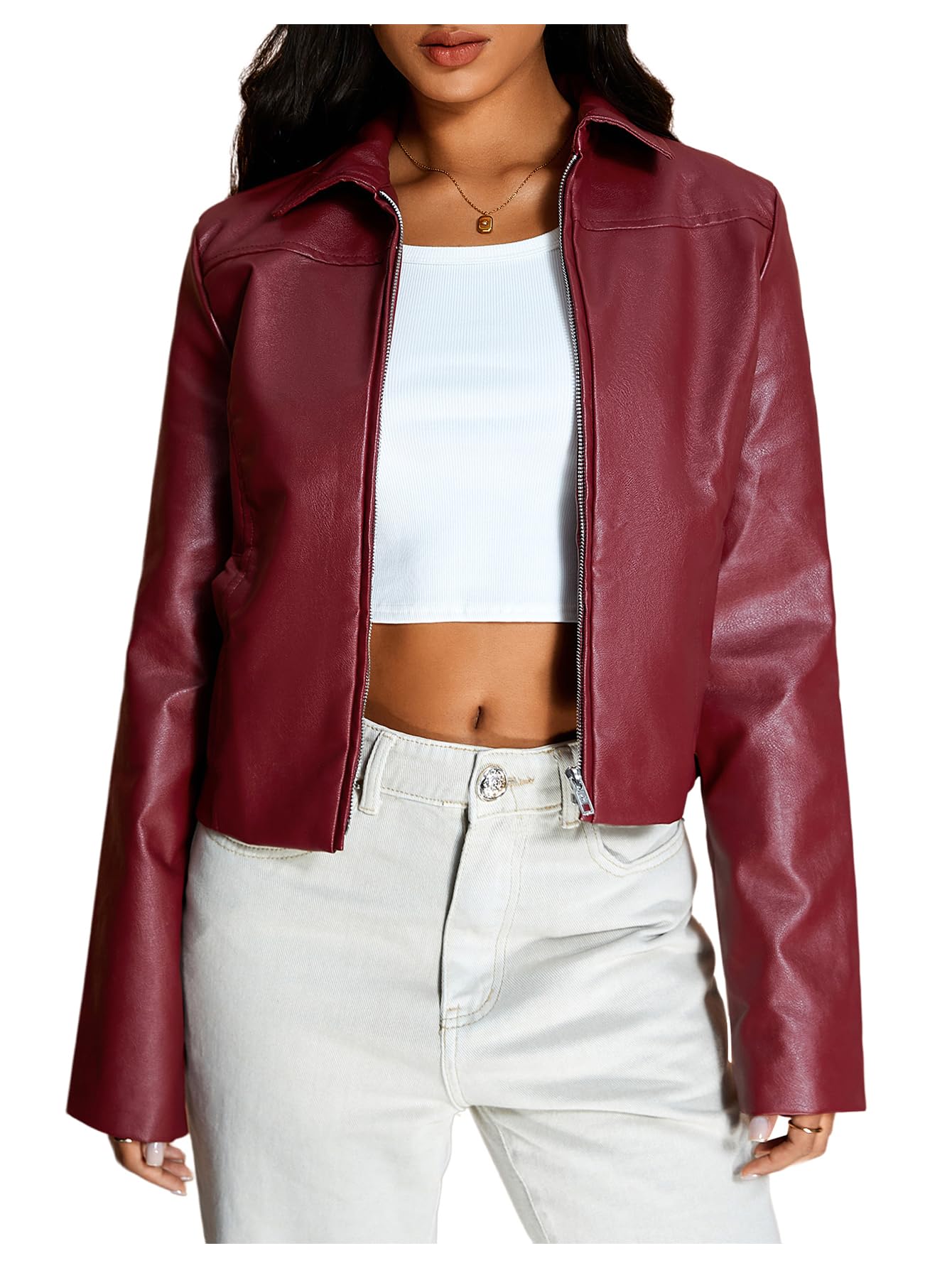 MakeMeChic Women's Crop Faux Leather Jacket Vintage Long Sleeve Collar Zip Up Biker Motorcycle Jackets Coats Burgundy Small
